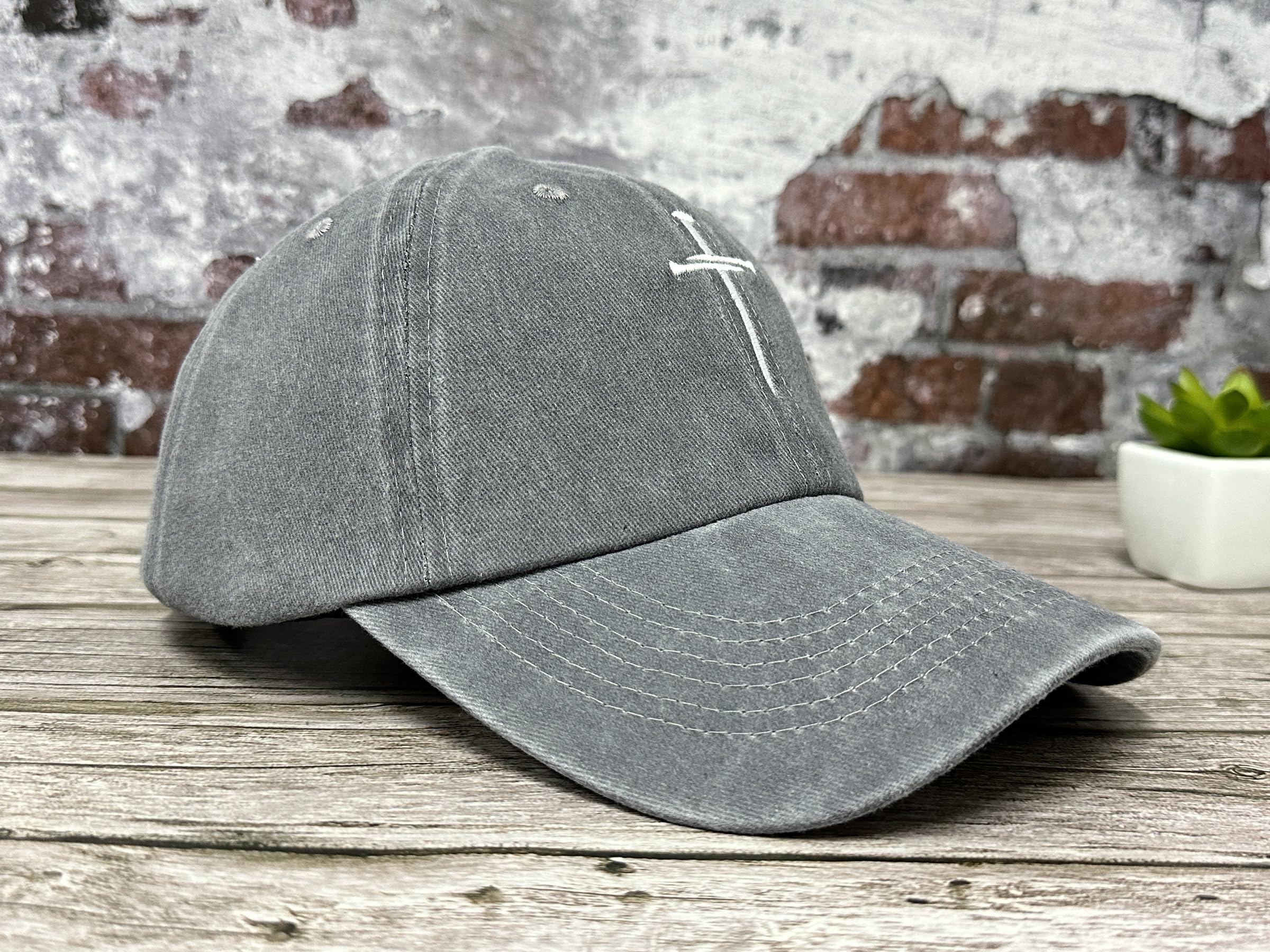 Hepandy Embroidered Three 3 Nails Cross Hat for Men, Christian Gifts for Women, Washed Gray Christ Jesus Hats Cotton Baseball Cap