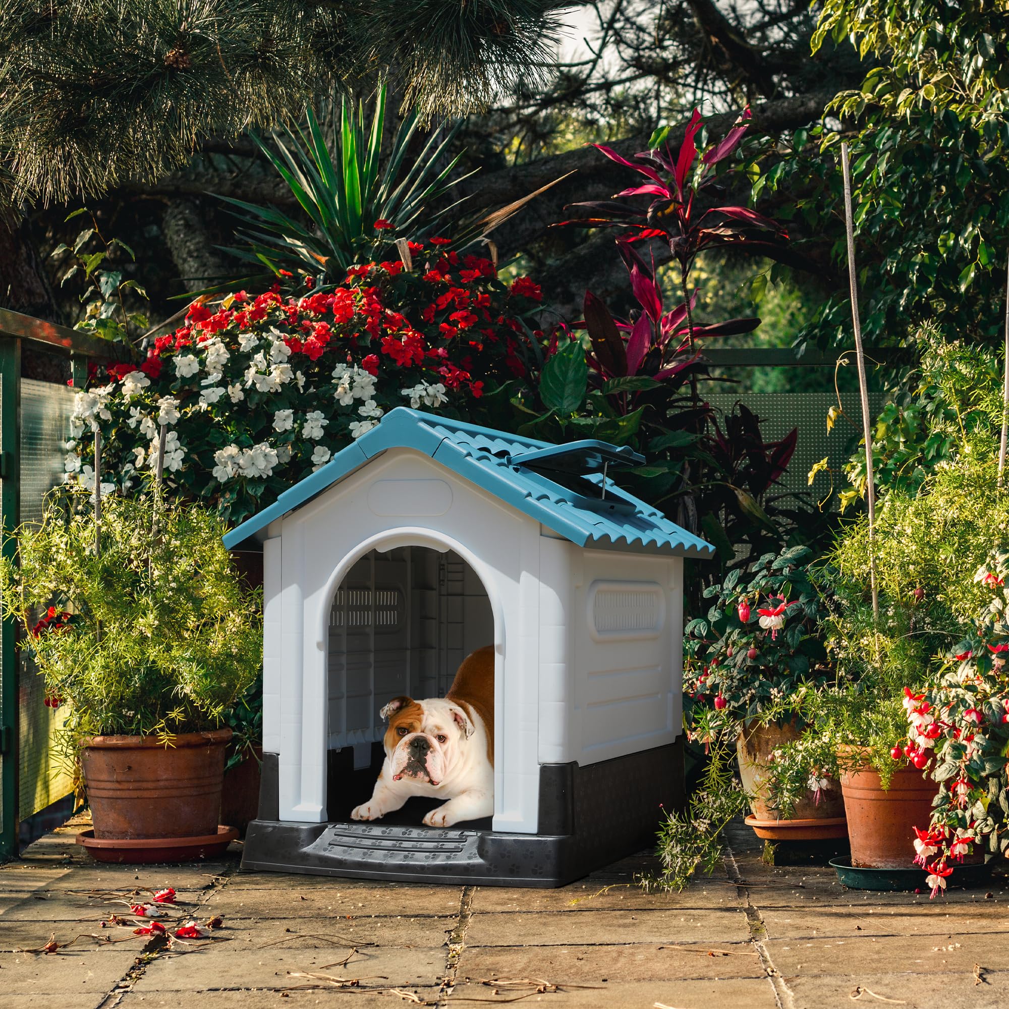 YITAHOME 26.8'' Folding Large Dog House Outdoor Plastic Doghouse with Adjustable Skylight and Elevated Base Water Resistant Pet House for Small Dogs (26.8''L*22.4''W*26''H)