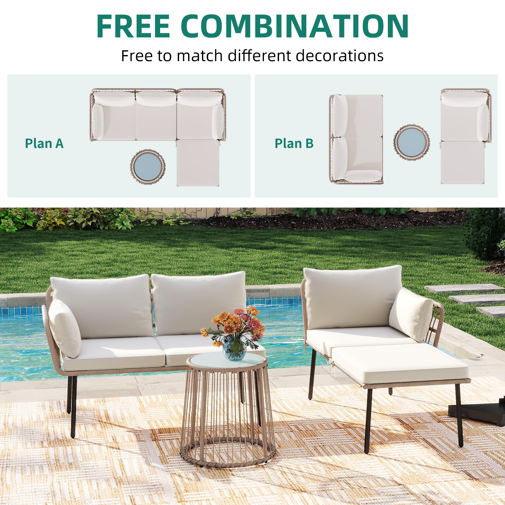 YITAHOME 3 Pieces Patio Furniture Set, Outdoor Wicker Conversation Sectional L-Shaped Sofa with 4 Seater for Backyard, Porch, Boho Detachable Lounger with Cushions and Coffee Table - Beige
