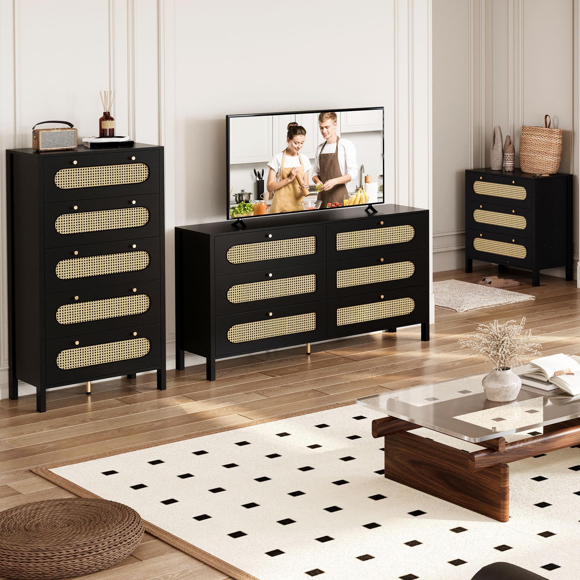 DWVO 47" Tall Natural Rattan Buffet Sideboard Cabinet 5 Drawer Boho Dresser Chest of Drawers with Golden Handles, Wood Dresser Storage Cabinet for Hallway, Entryway, Hold up to 300lbs, Black