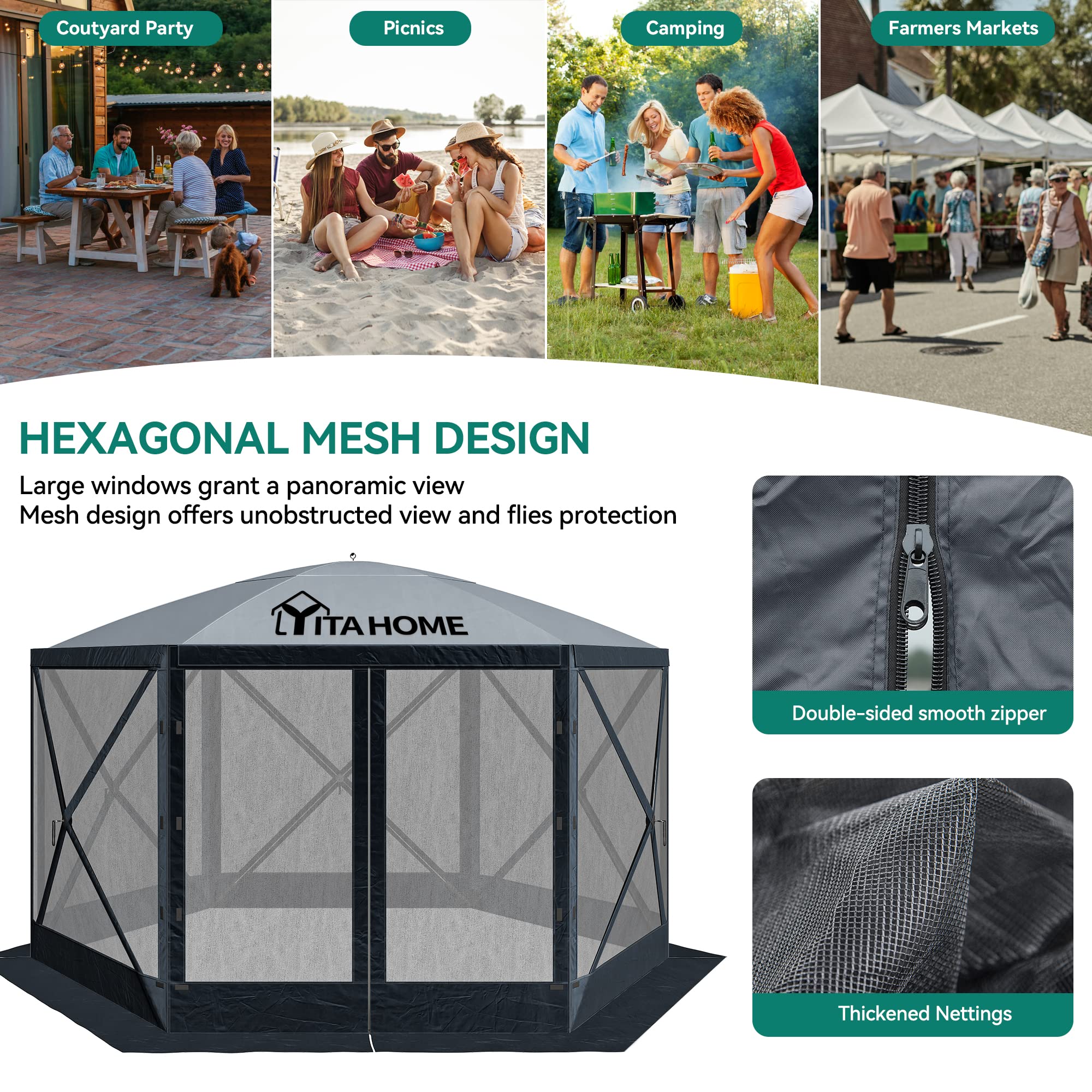 YITAHOME 11.5x11.5ft Camping Gazebo, Portable Pop Up Canopy Outdoor Screen Tent 6 Sided with Mesh Windows and Carry Bag for Camping, Picnic, Backyard Party Outside Activities, Gray