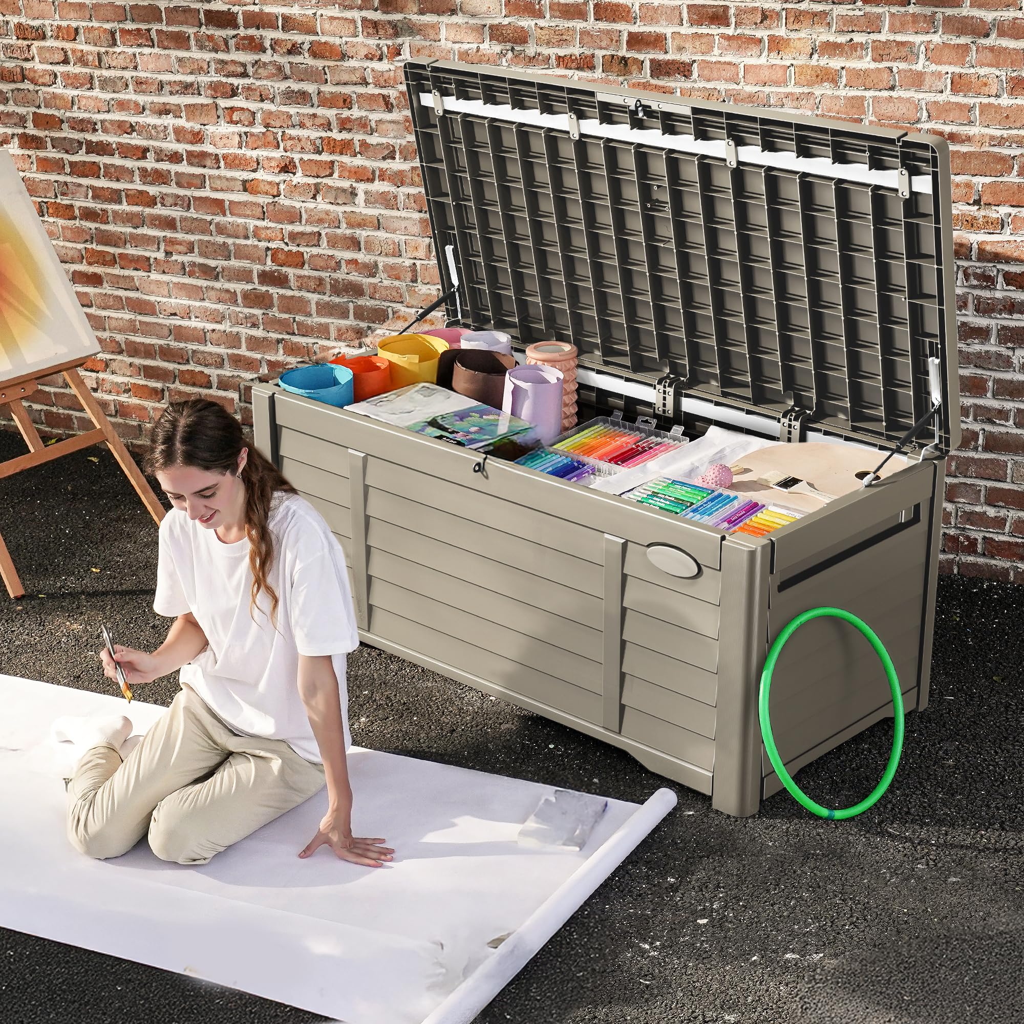 DWVO 120 Gallon Outdoor Storage Box, Large Resin Deck Box with Louver Design, Lockable Patio Storage Bin for Indoor and Outdoor Use, Pillows, Tools, and Pool Supplies -Light Brown