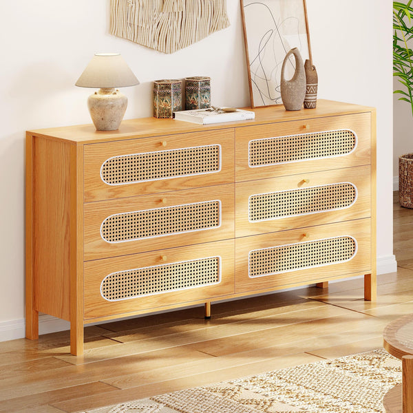 DWVO Buffet Cabinet Rattan - Storage Cabinet with 6 Wood Storage Closet Dressers Chest - Coffee Bar Cabinet with Drawer-Accent Cabinet with Golden Handles for Living Room/Dining Room/Entryway-Natural