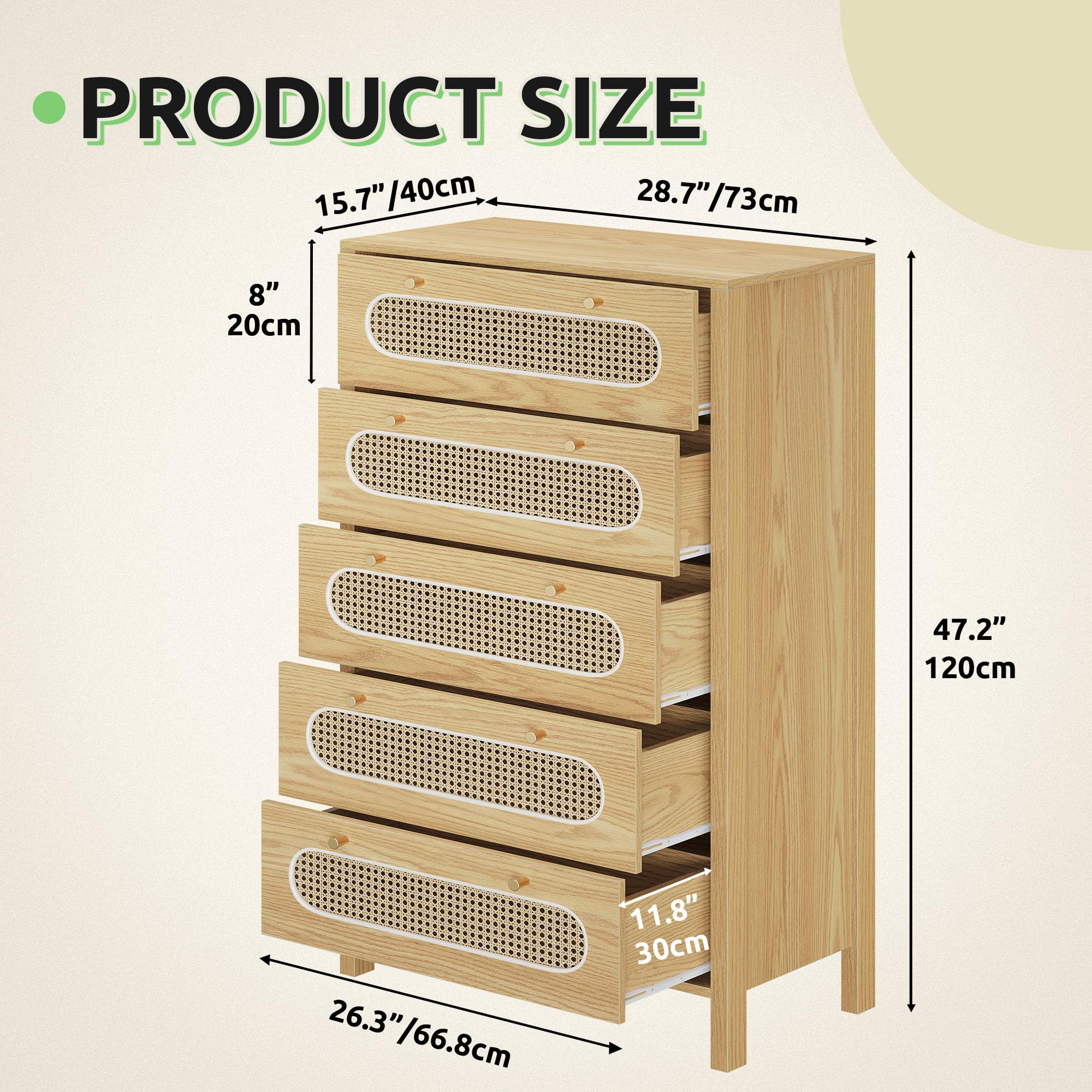 GOOBED Natural Rattan 5 Drawer Dressers Wooden Chest of Drawers with Golden Handles - Modern Large Boho Dressers Storage Cabinet for Living Room Hallway/Entryway Oak Nature
