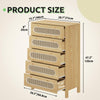 GOOBED Natural Rattan 5 Drawer Dressers Wooden Chest of Drawers with Golden Handles - Modern Large Boho Dressers Storage Cabinet for Living Room Hallway/Entryway Oak Nature