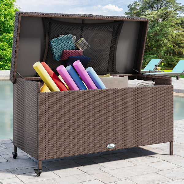 YITAHOME 200 Gallon Large Wicker Deck Box w/Storage Net, Rattan XL Outdoor Storage Box Patio Cushion Storage, Outdoor Storage for Patio Furniture, Garden Tools, Pool Sports Equipment (Brown)