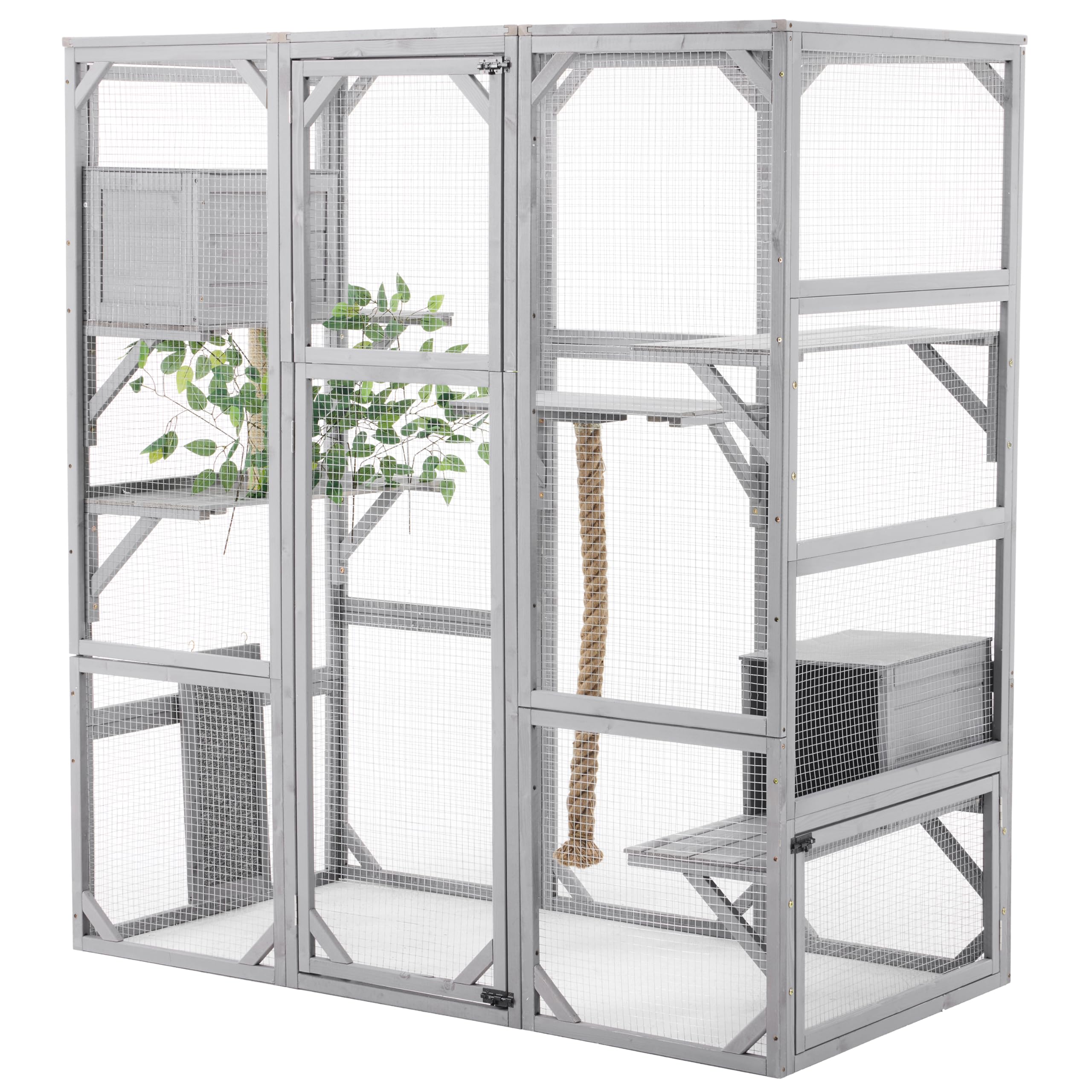 Outdoor Cat House Large Cat Enclosure, Window Catio Walk in Cage with Scratching Post, Platforms and 2 Condos, Cattery Outside Patio Cat Playpen for Mulitiple Cats