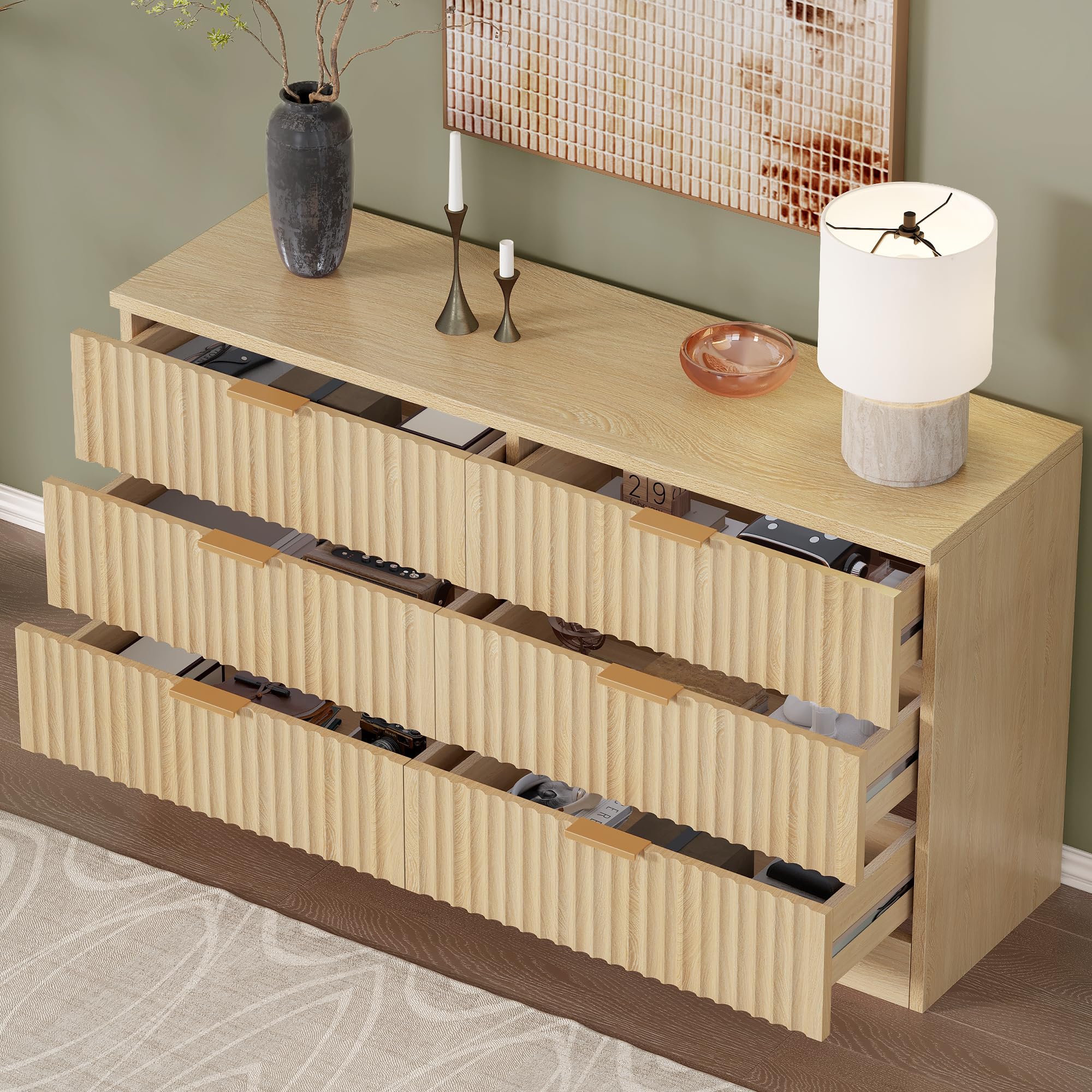 DWVO Fluted Sideboard Cabinet with 6 Drawers, Self-Standing Buffet Cabinet, Modern Drawers Dresser, Wooden Storage Cabinet for Living Room, Entryway, Hallway, Natural Oak