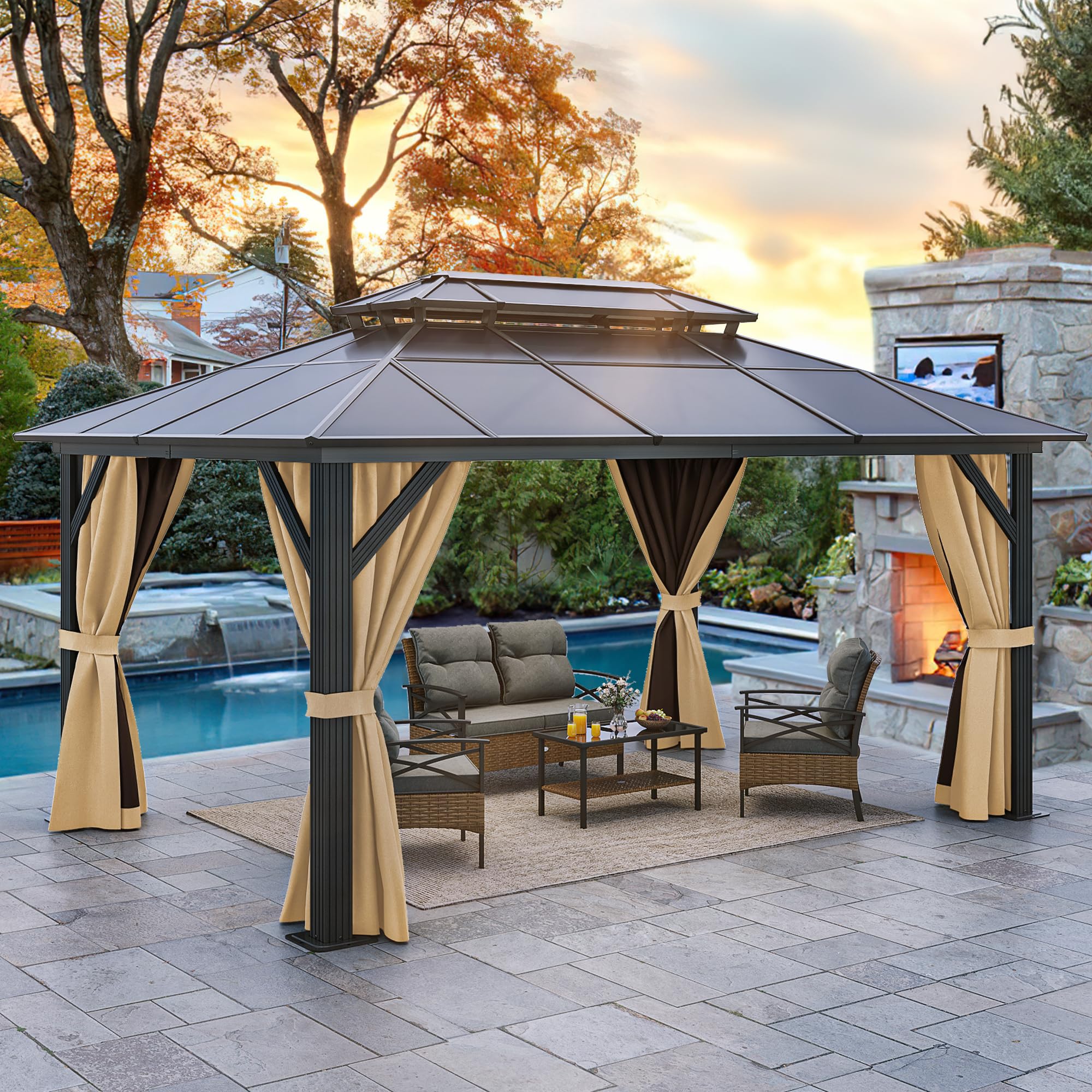 YITAHOME 10x13FT Gazebo Polycarbonate Event Shelters Double Roof Canopy Outdoor with Netting and Shaded Curtains, Aluminum Frame for Patio, Backyard, Deck and Lawns, Brown