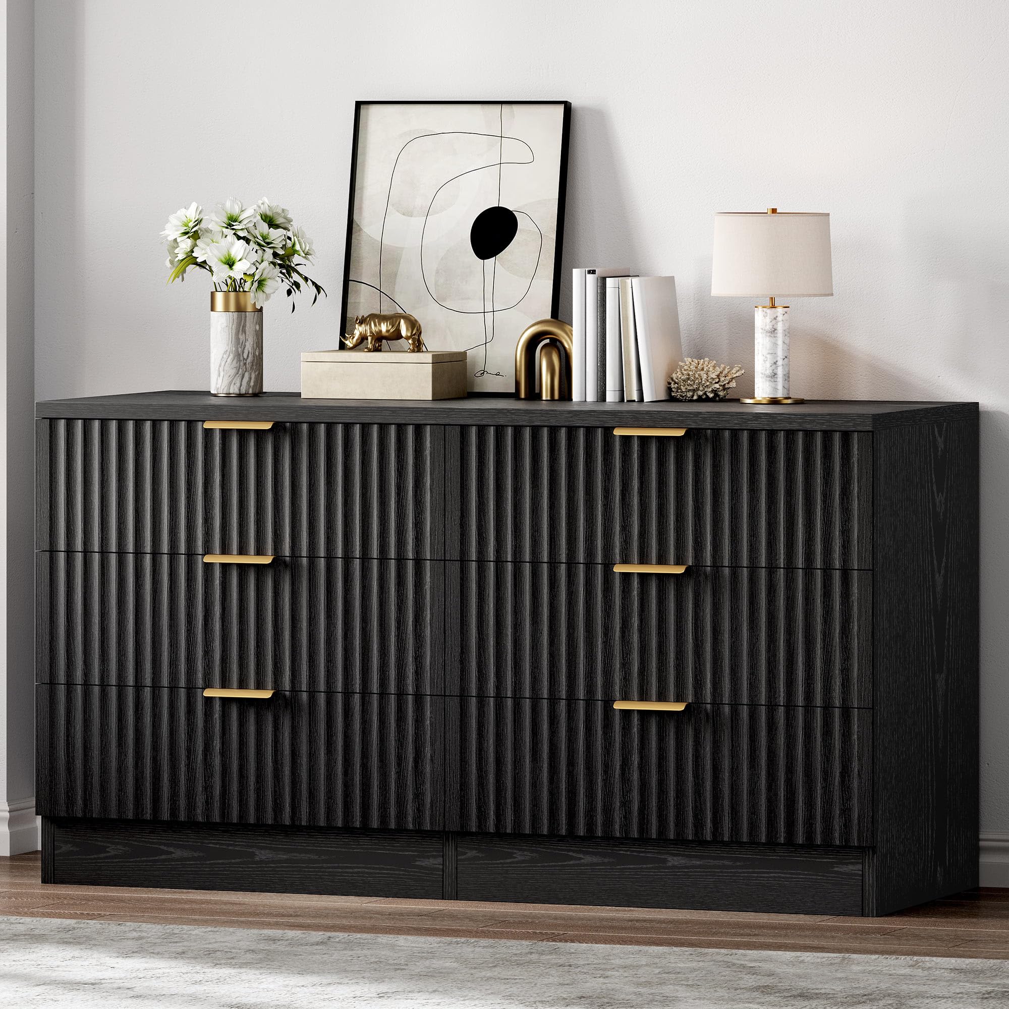 DWVO 6 Drawer Dressers, Chest of Drawers with Fluted Panel, Wide Versatile Storage Dresser Organizer for Living Room, Kitchen and Office, Black