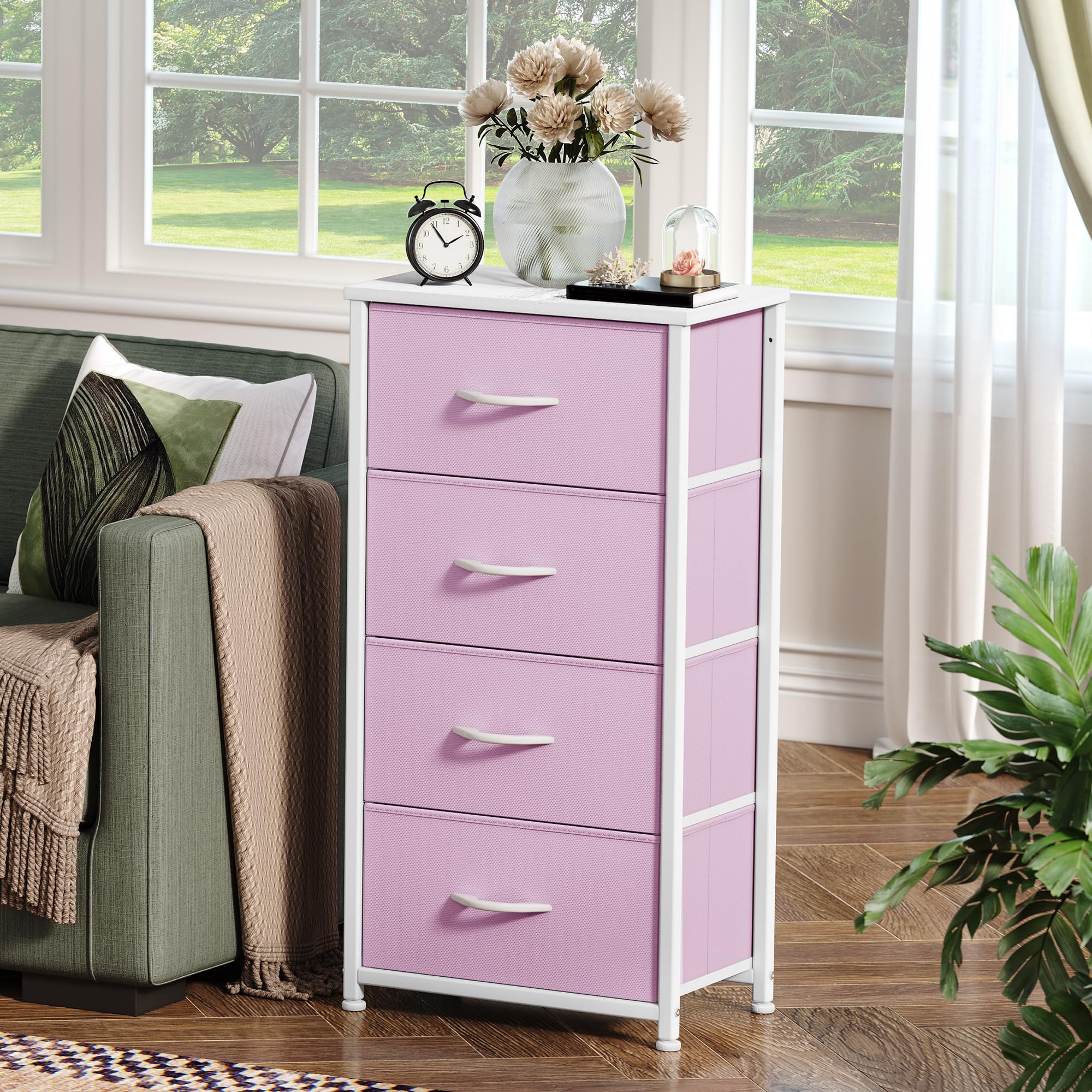 DWVO Storage Drawer with 4 Drawers - Fabric Dressers, Dresser for Living Room, Closets - Sturdy Steel Frame, Wooden Top & Easy Pull Fabric Bins, Cool Pink