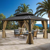 YITAHOME 10x12ft Gazebo Hardtop Double Roof Canopy w/Netting and Curtains, Outdoor Gazebo 2-Tier Galvanized Iron Aluminum Frame Garden Tent for Patio, Backyard, Deck and Lawns, Brown