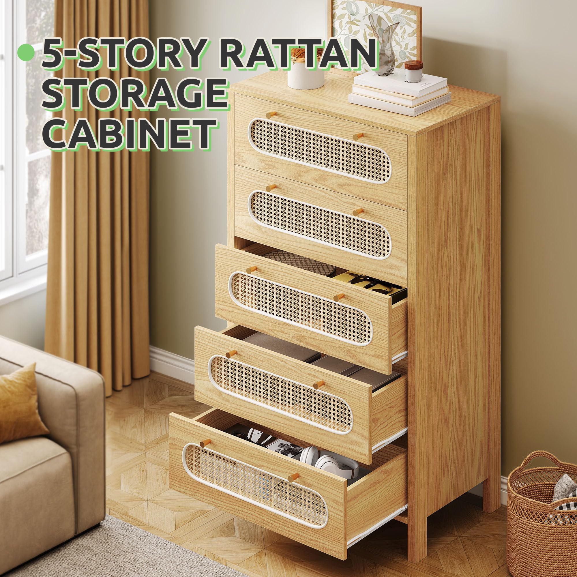 GOOBED Natural Rattan 5 Drawer Dressers Wooden Chest of Drawers with Golden Handles - Modern Large Boho Dressers Storage Cabinet for Living Room Hallway/Entryway Oak Nature