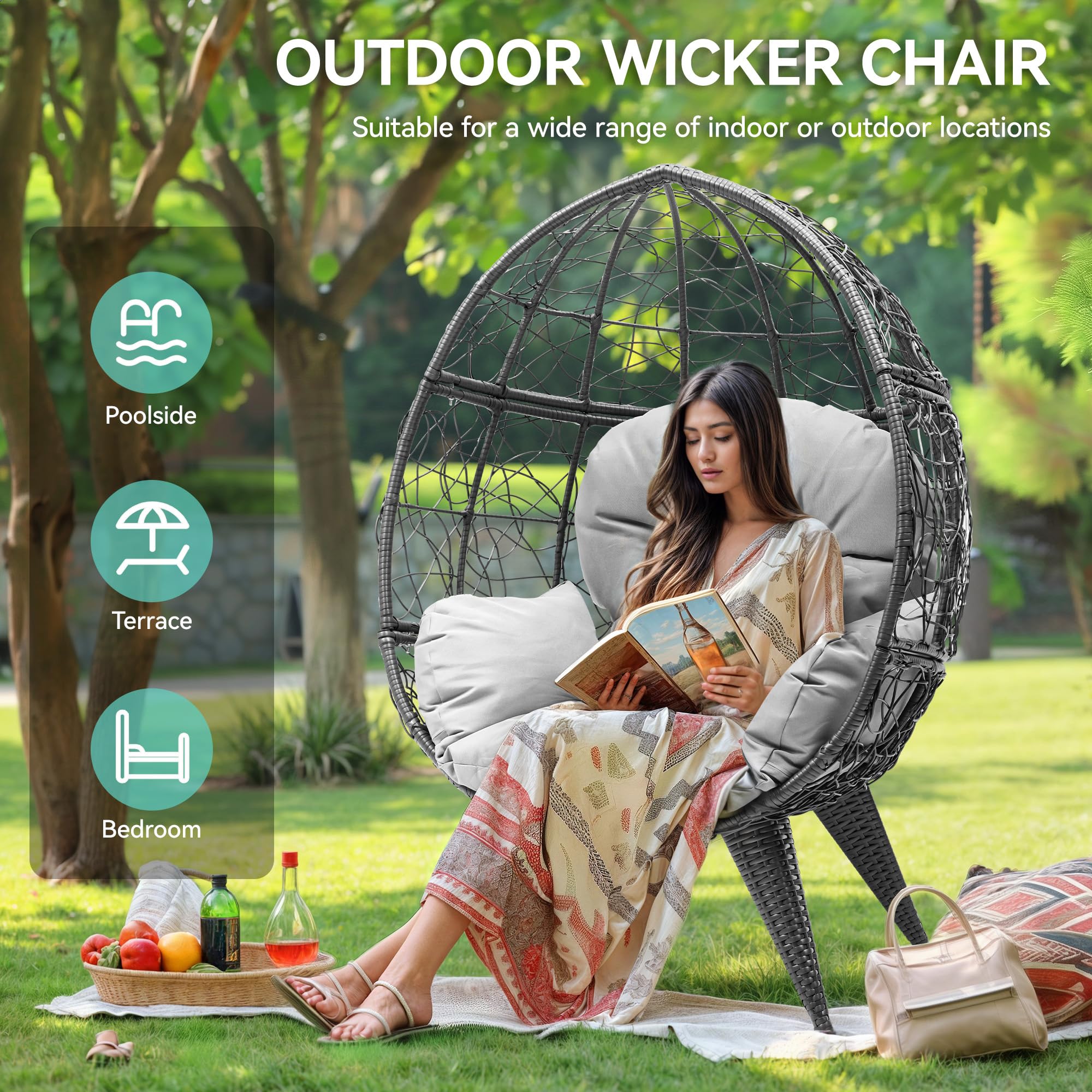 YITAHOME Oversized Wicker Egg Chair for Indoor and Outdoor Use with Stand, Cushion, and Leveling Feet, Large Lounger for Patio, Garden, Backyard, Balcony, Supports up to 330lbs, Grey