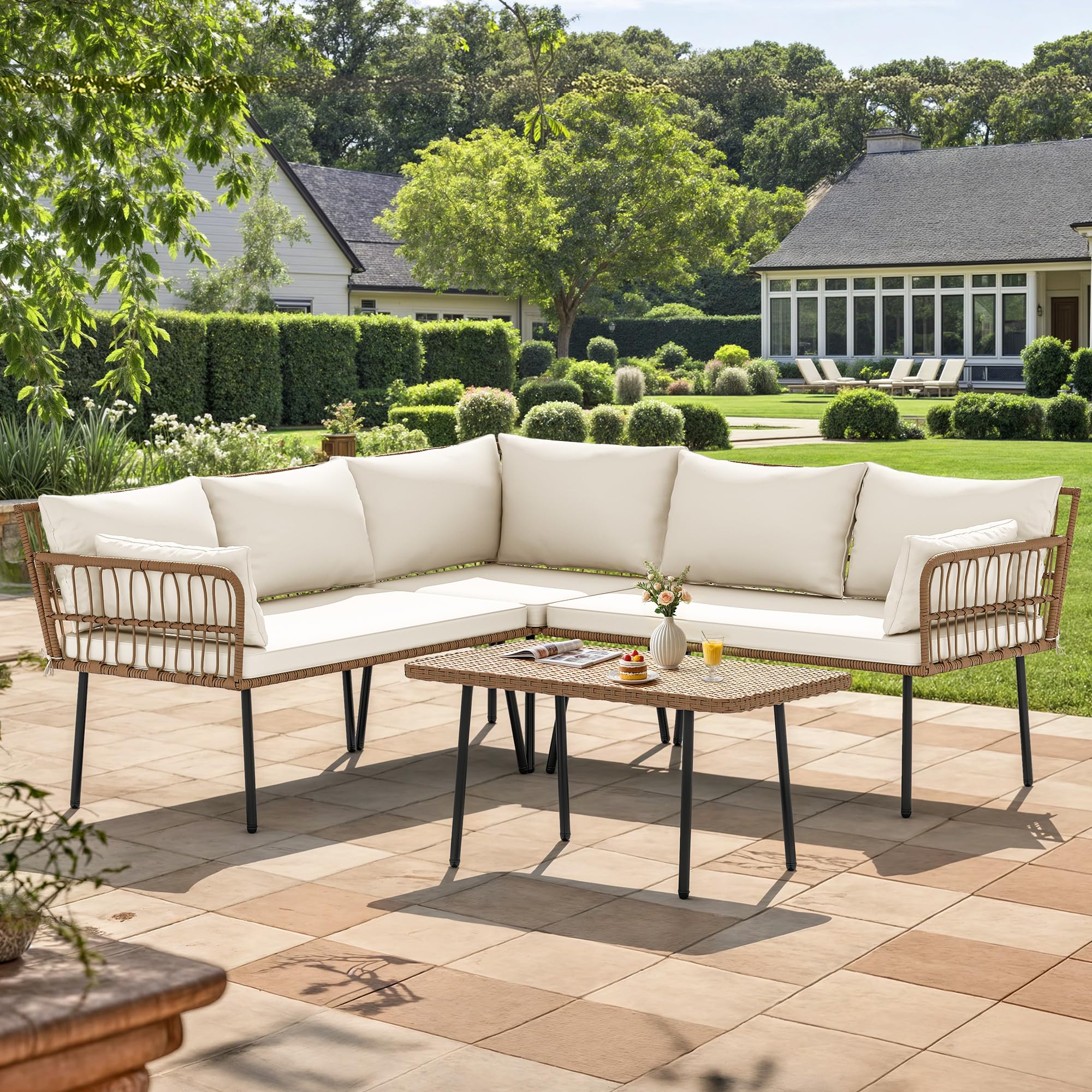 YITAHOME 4-Piece Wicker Patio Furniture Set, All Weather PE Rattan Conversation Set Sectional Sofa with Soft Cushions & Side Table, Porch Furniture for Deck, Balcony, Backyard - Beige