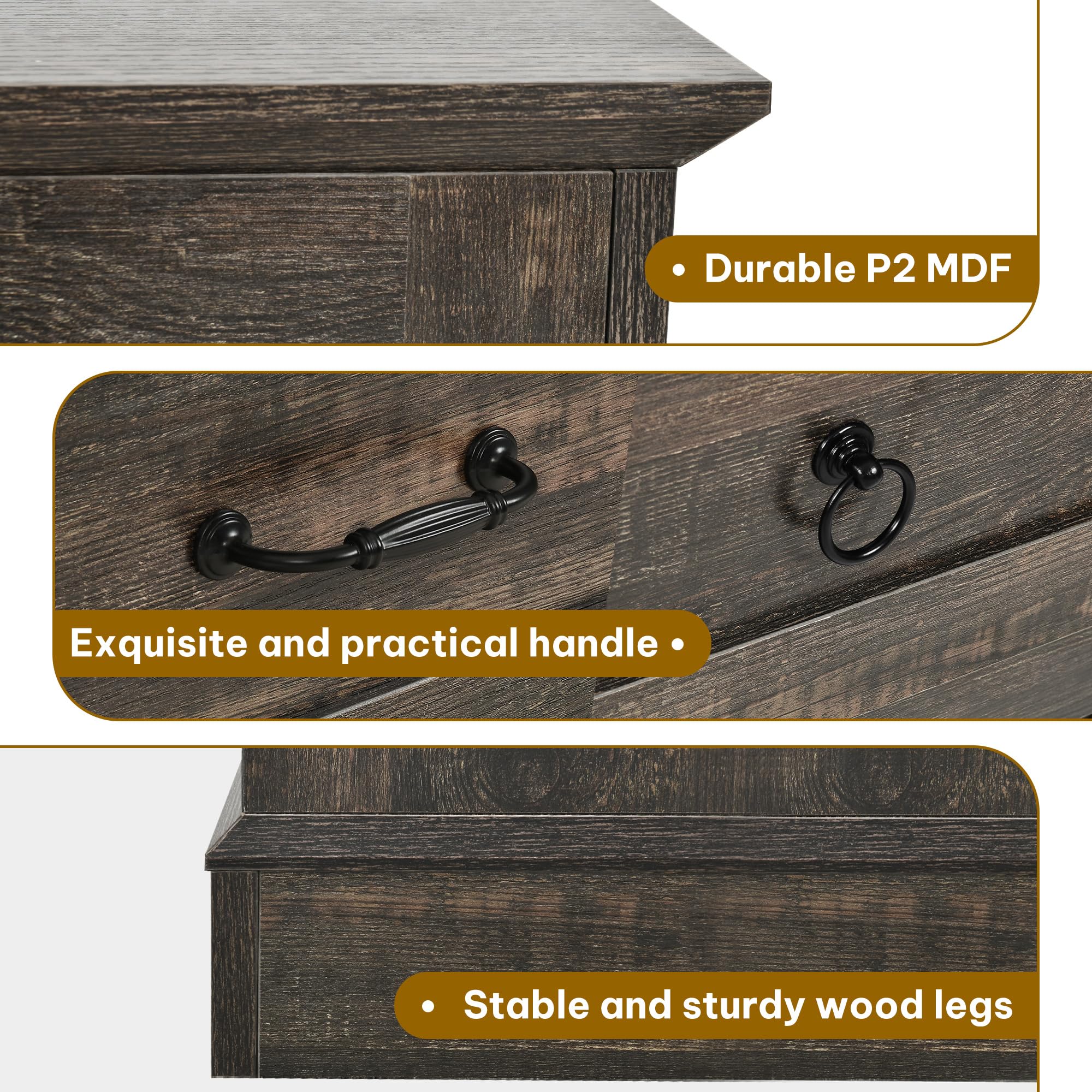 DWVO 7 Drawer Dressers, Buffet Sideboard with Power Outlets, Broad Rustic Wooden Chest of Drawers with Attractive Grain, Storage Cabinet for Living Room, Dining Room, Kitchen, Hallway, Dark Rustic Oak