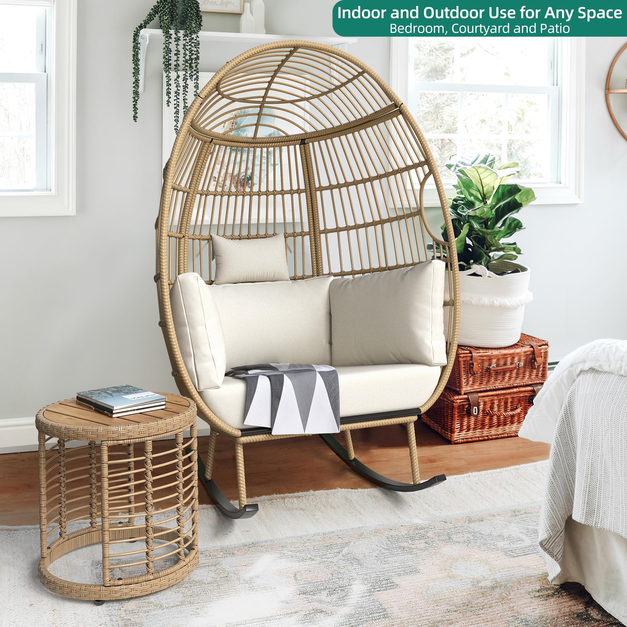 YITAHOME Rocking Egg Chair for Outdoor, Oversized Patio Rocking Basket Chair with 400lbs Capacity, All-Weather Wicker Egg Lounger Chair for Outside Indoor (Beige)