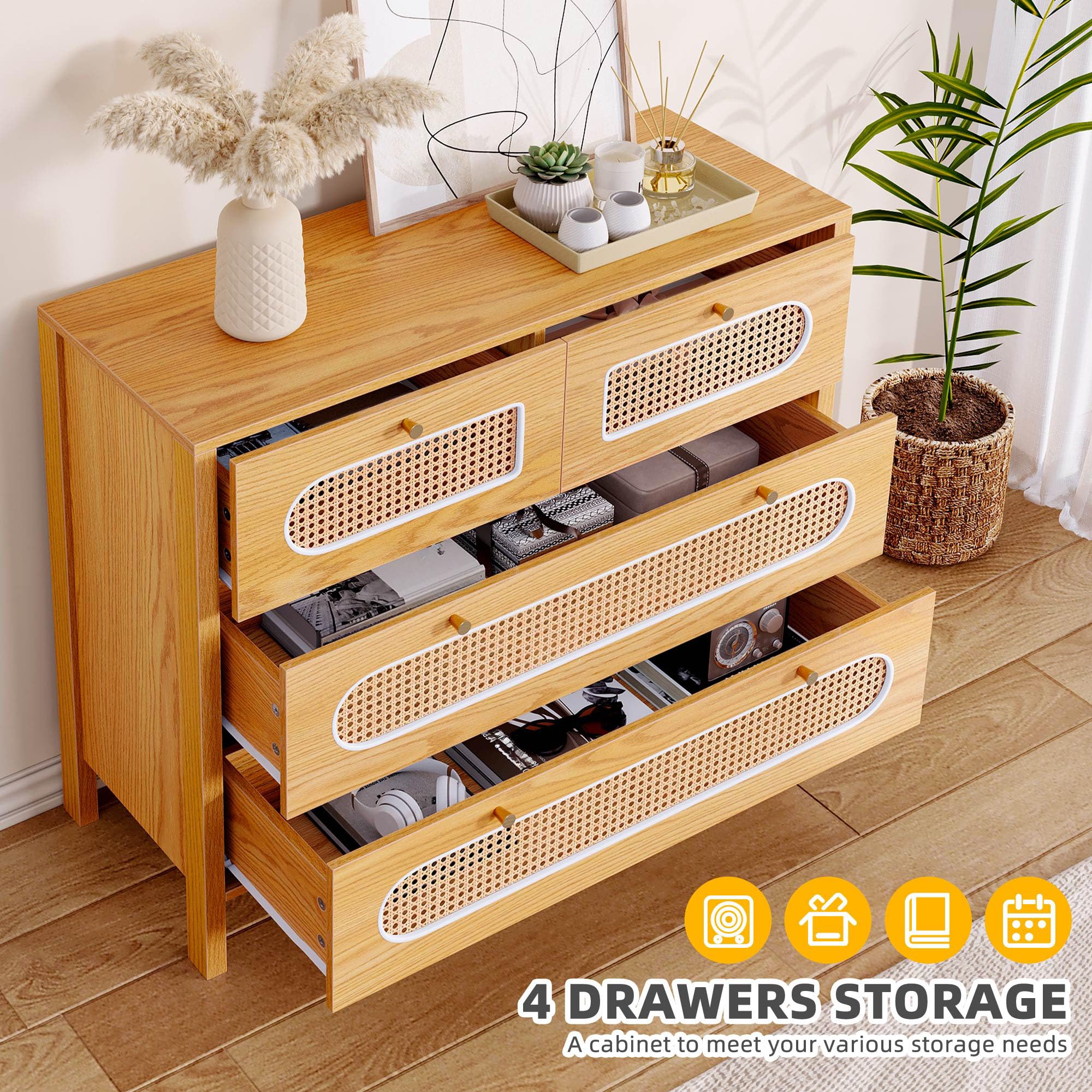DWVO Natural Rattan 4 Drawer Dresser, Oak Rattan Dressers Chest of Drawers, Wood Storage Cabinets Corner Bedside Table for Dressering Room, Entryway, Hallway, Hold up to 200lbs