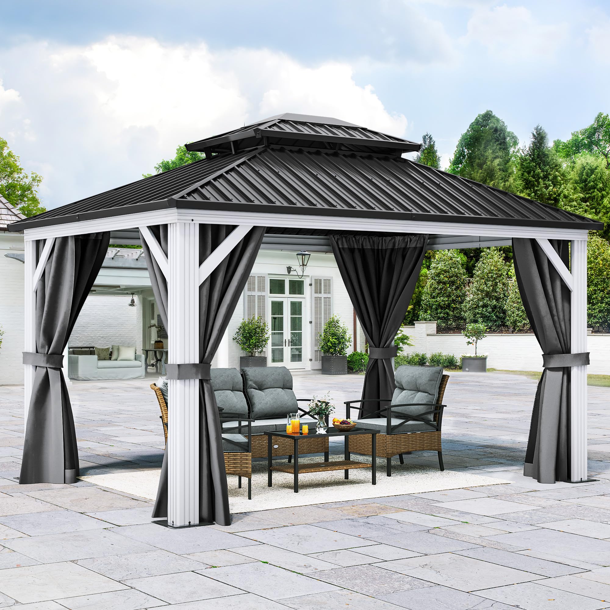 YITAHOME White Gazebo 10x12ft Hardtop Double Roof Canopy Galvanized Iron Aluminum Frame Outdoor Gazebo with Netting and Shaded Curtains Garden Tent for Patio, Backyard, Deck and Lawns, Grey Curtain