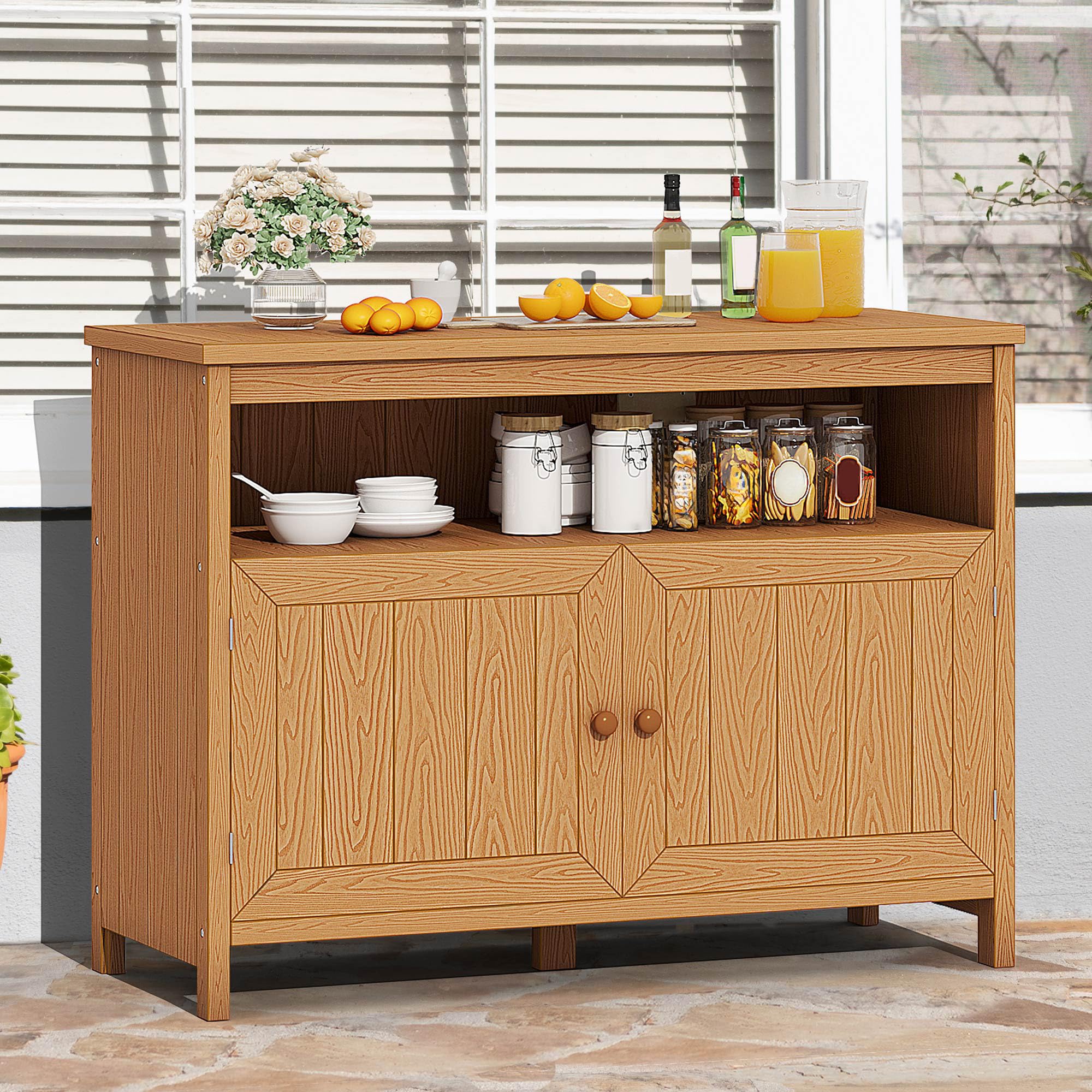 DWVO Poly Lumber Outdoor Sideboard, Patio Bar Table with Storage and Shelves, Weather Resistant Storage Cabinet for Outdoor, Pool and Garden - Brown