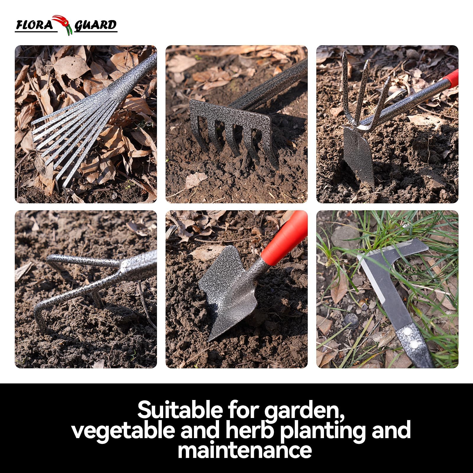 FLORA GUARD Garden Tool Set， 6 Piece Heavy Duty, Large Size Gardening Hand Tools, Sturdy & Durable, Classic Utility Gardening Gift for Men and Women