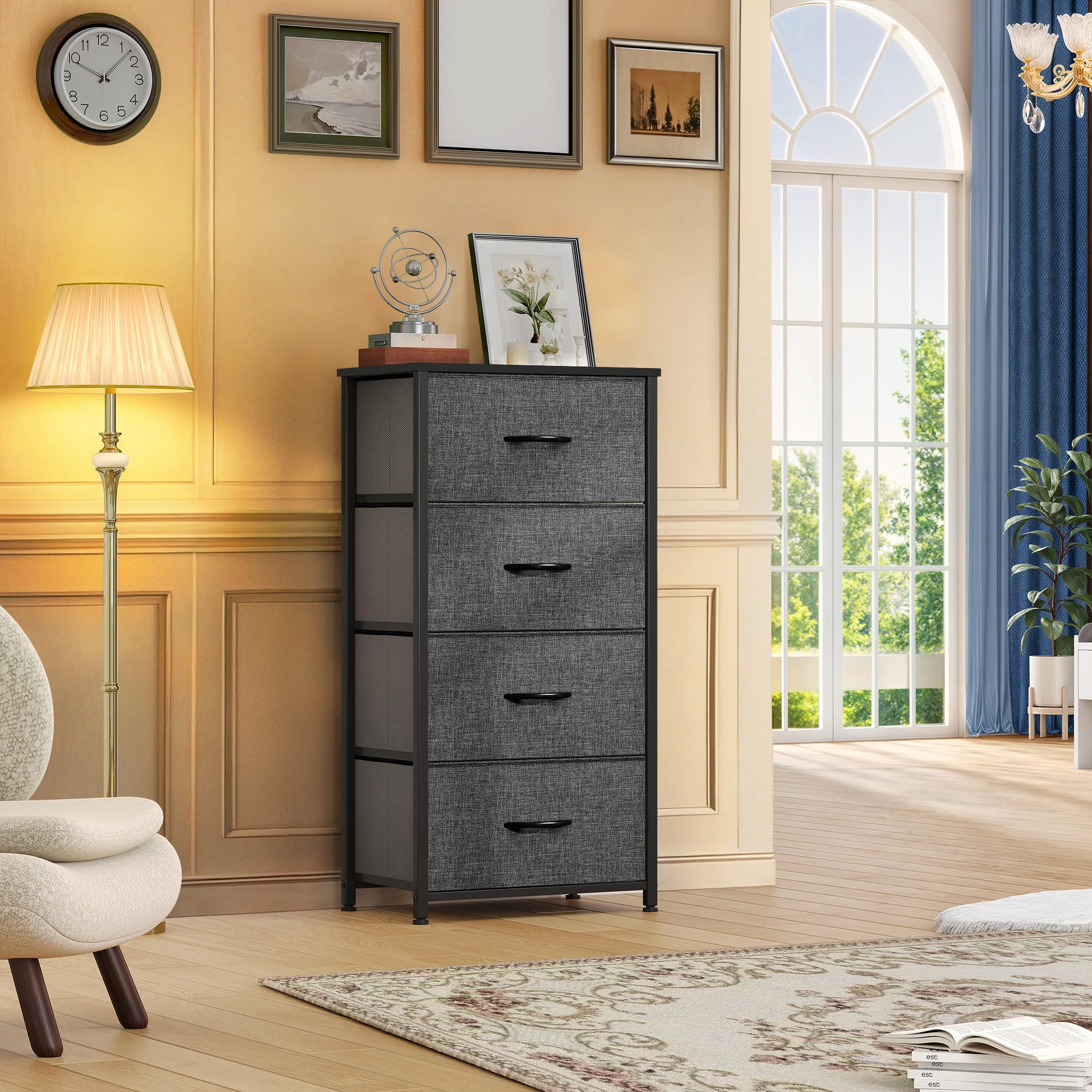 DWVO Storage Tower with 4 Drawers - Fabric Dresser, Organizer Unit for Bedroom, Living Room, Closets - Sturdy Steel Frame, Easy Pull Fabric Bins & Wooden Top