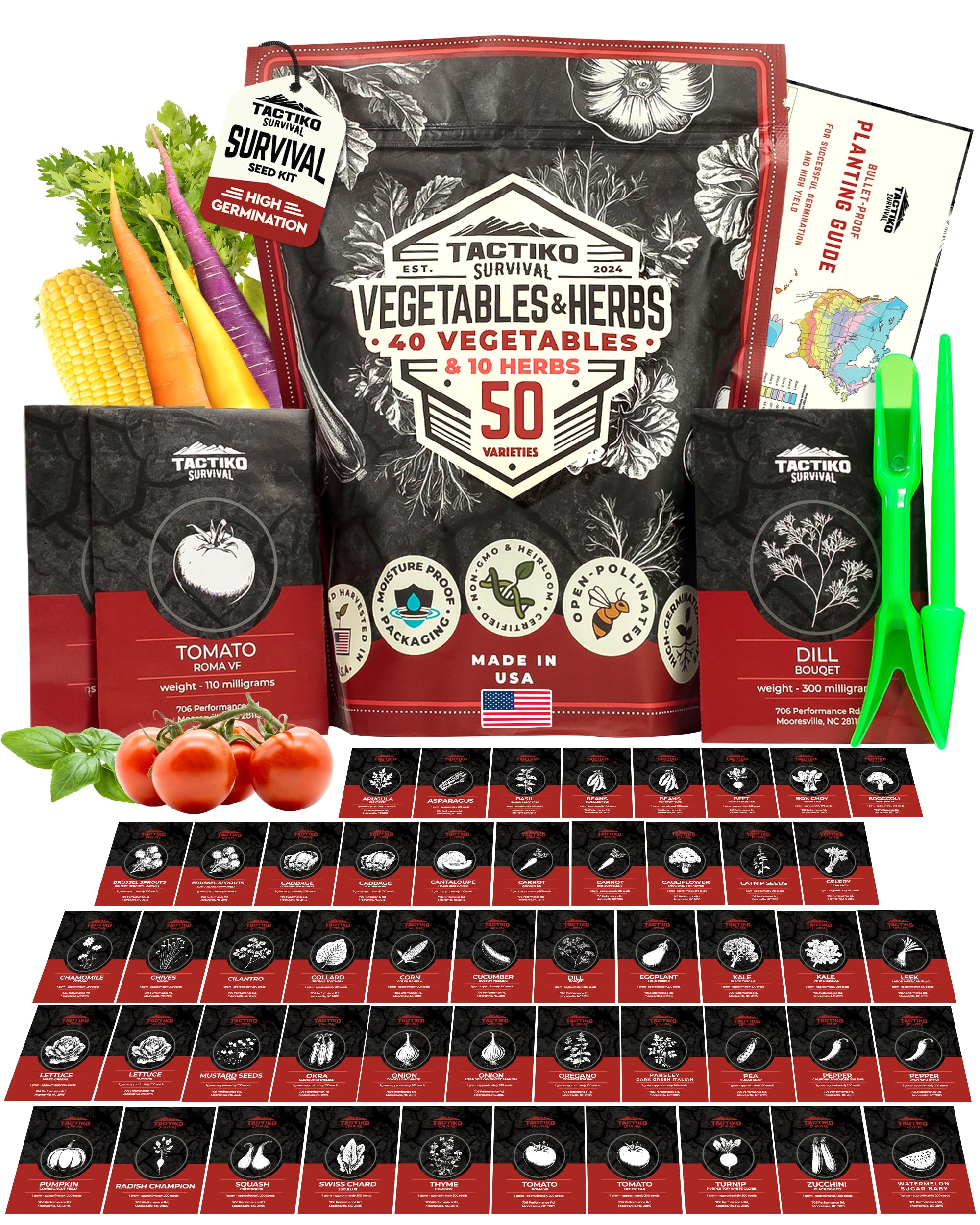 50 Tactiko Survival Vegetable, Herb & Fruit Seed Kit - U.S.A. Harvested Varieties - Over 25,000 Non-GMO Heirloom Seeds - Emergency Seed Vault in Waterproof Mylar Bag - Long-Term Storage