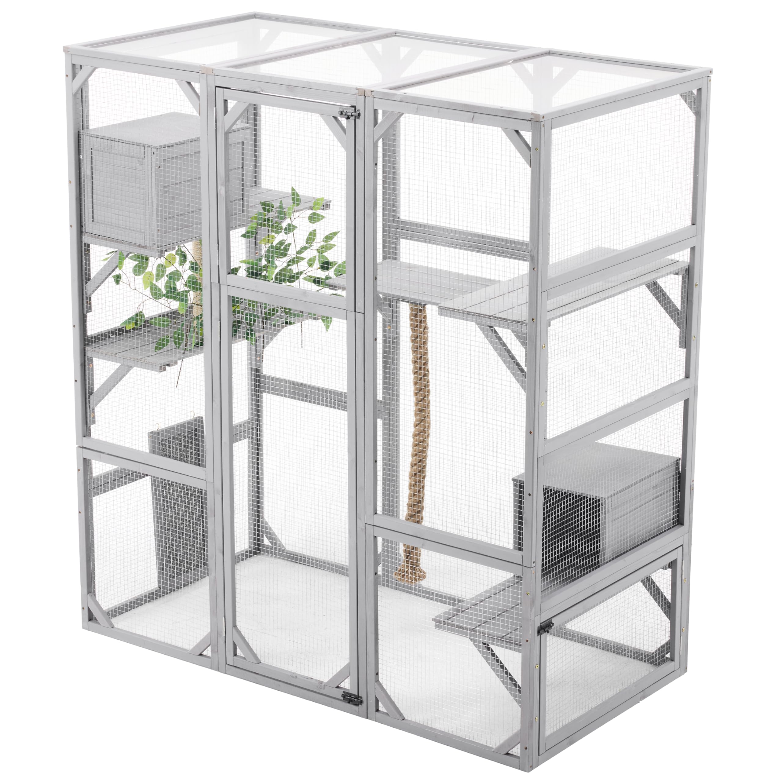 Outdoor Cat House Large Cat Enclosure, Window Catio Walk in Cage with Scratching Post, Platforms and 2 Condos, Cattery Outside Patio Cat Playpen for Mulitiple Cats