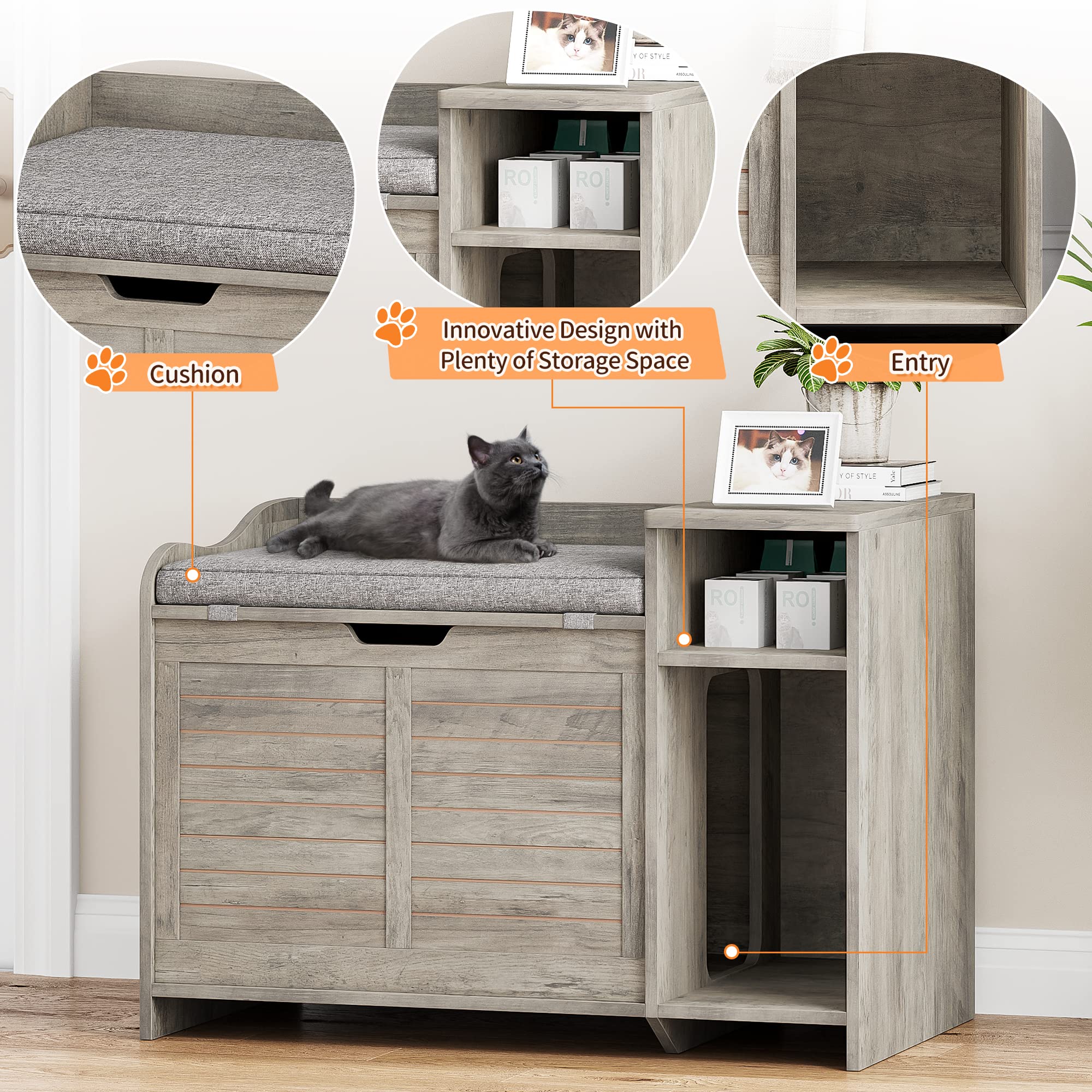 IDEALHOUSE Litter Box Enclosure with Top Opening with Cushion, Cat Litter Box Furniture Hidden, Litter Box Hidden, Cat House, Privacy Cat Litter Box Cabinet