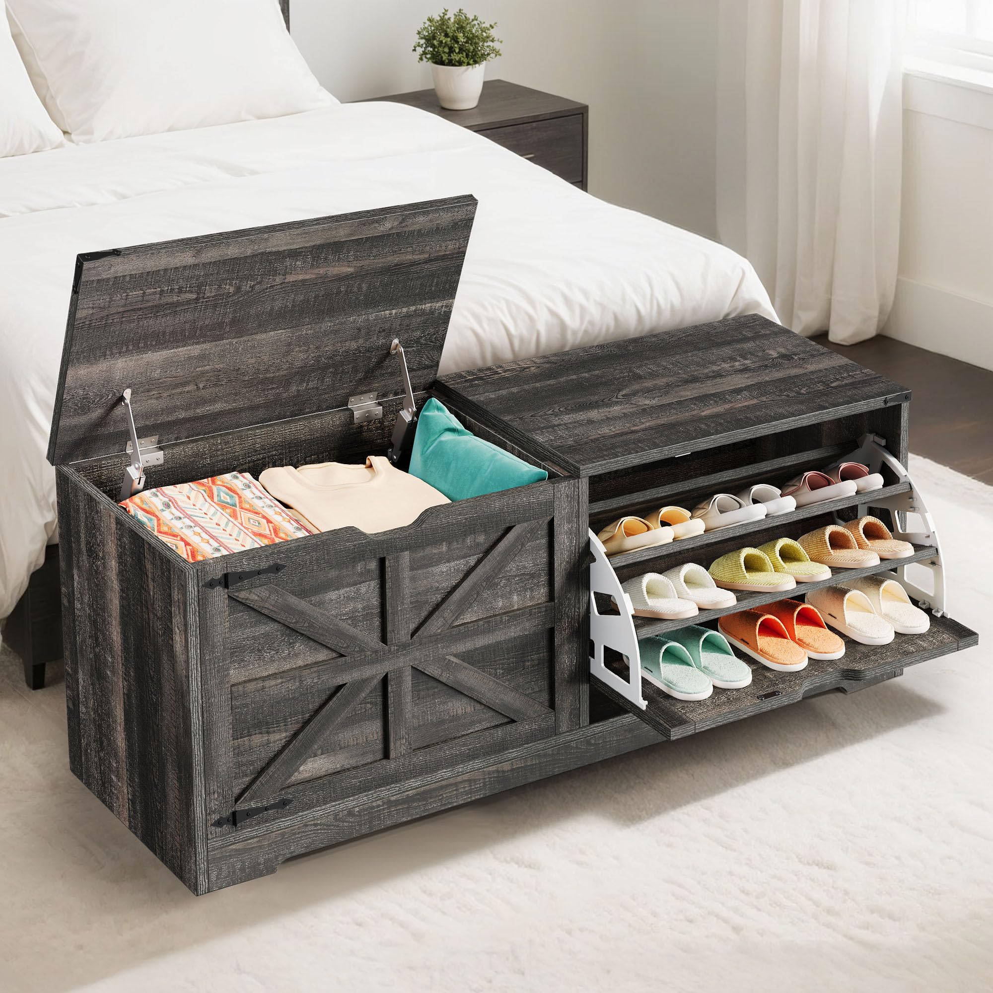 DWVO Shoe Storage Bench, 55" L Shoe Cabinet with 3 Flip Drawer & Flip-Top Storage, Farmhouse Modular Tilt-Out Organizer for Entryway, Mudroom, Bedroom