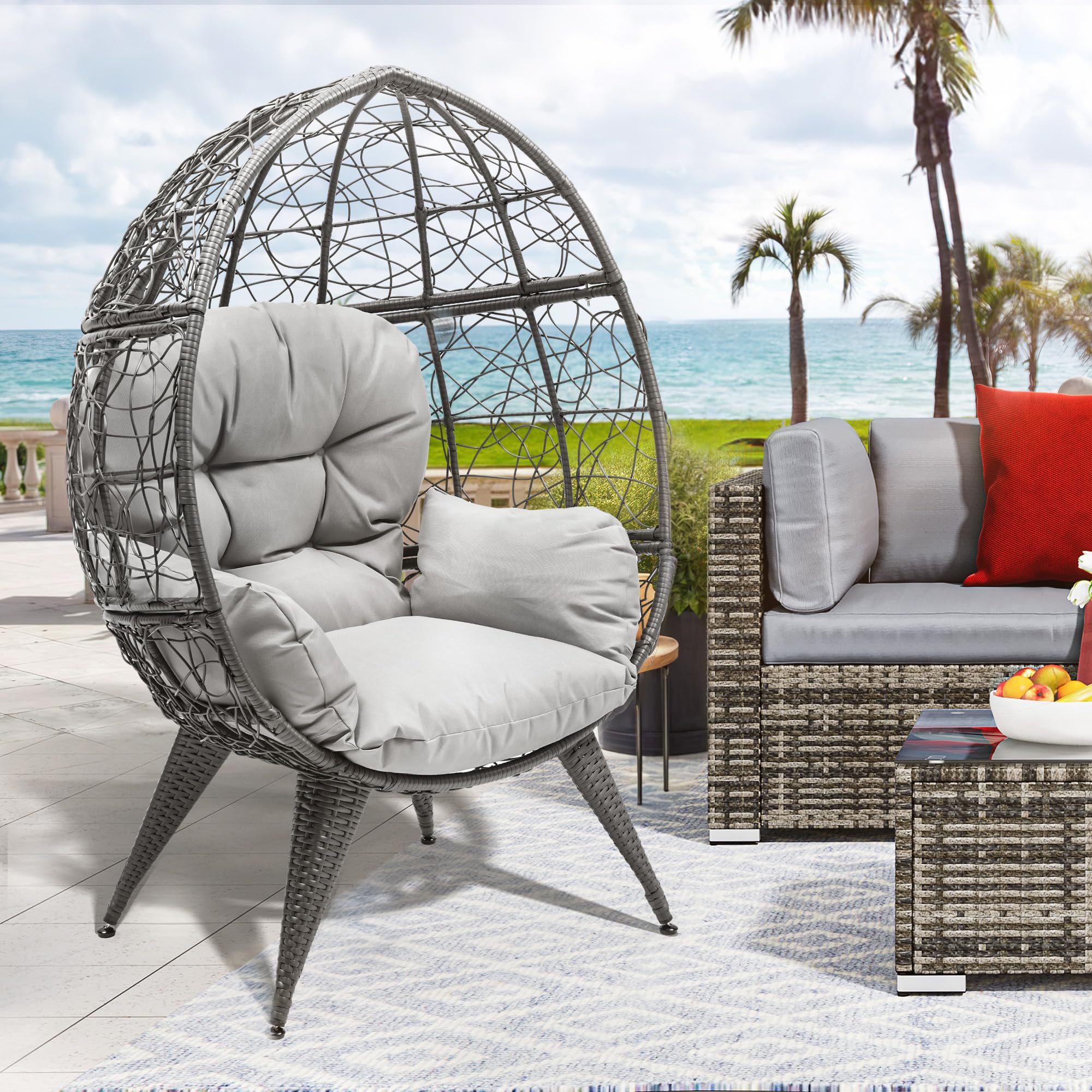 YITAHOME Oversized Wicker Egg Chair for Indoor and Outdoor Use with Stand, Cushion, and Leveling Feet, Large Lounger for Patio, Garden, Backyard, Balcony, Supports up to 330lbs, Grey