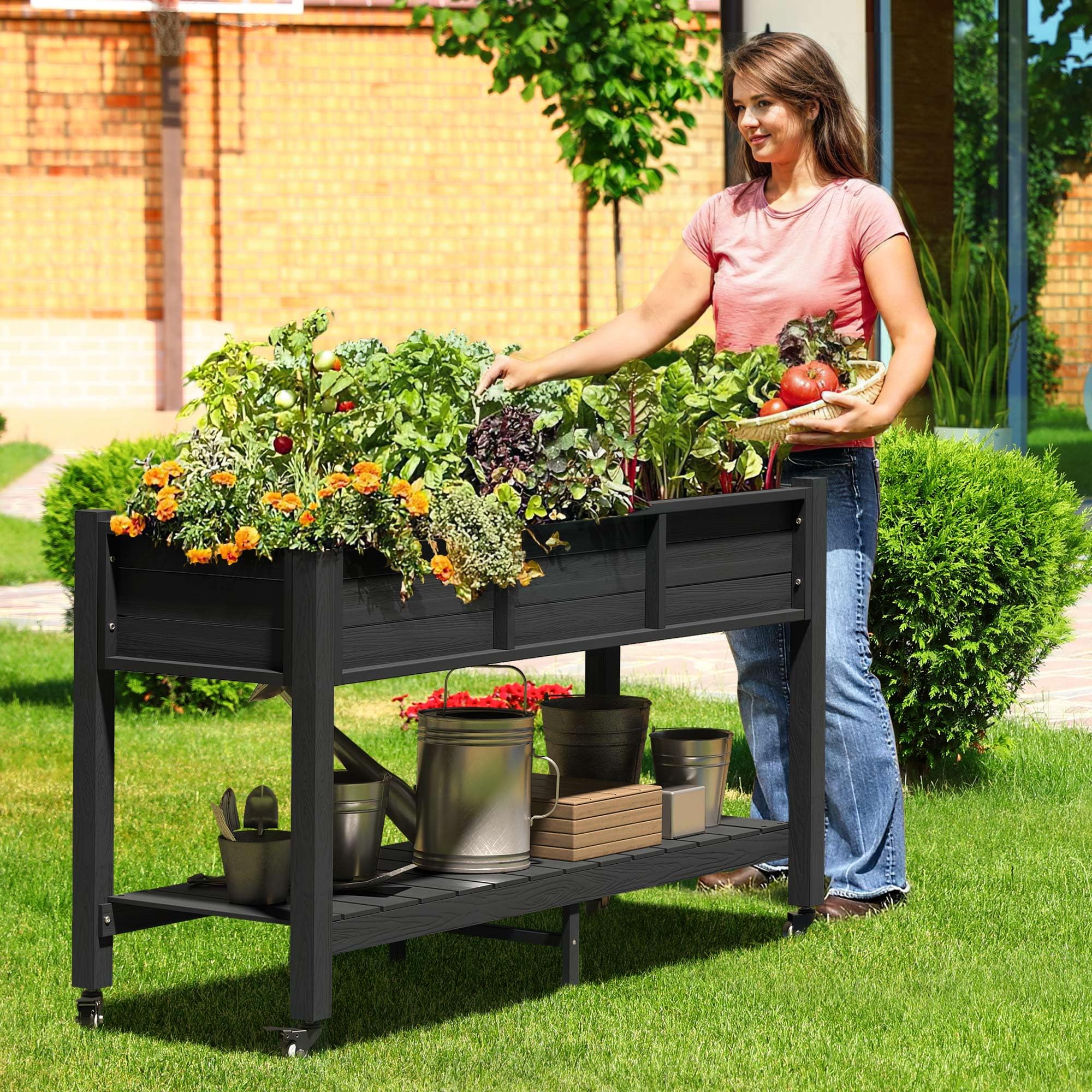 DWVO 47x18x31in Raised Garden Bed, Double Tier Planters with Wheels, Mobile Garden Planter Box for Outdoor/Indoor, Heavy Duty Casters with Brakes, HIPS Poly Wood, Black