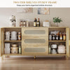 DWVO TV Stand 3 Drawer Dressers Storage Cabinet Natural Rattan Oak Wooden Chest with Golden Handles - Modern Large Closet Boho for Living Room/Hallway/Entryway
