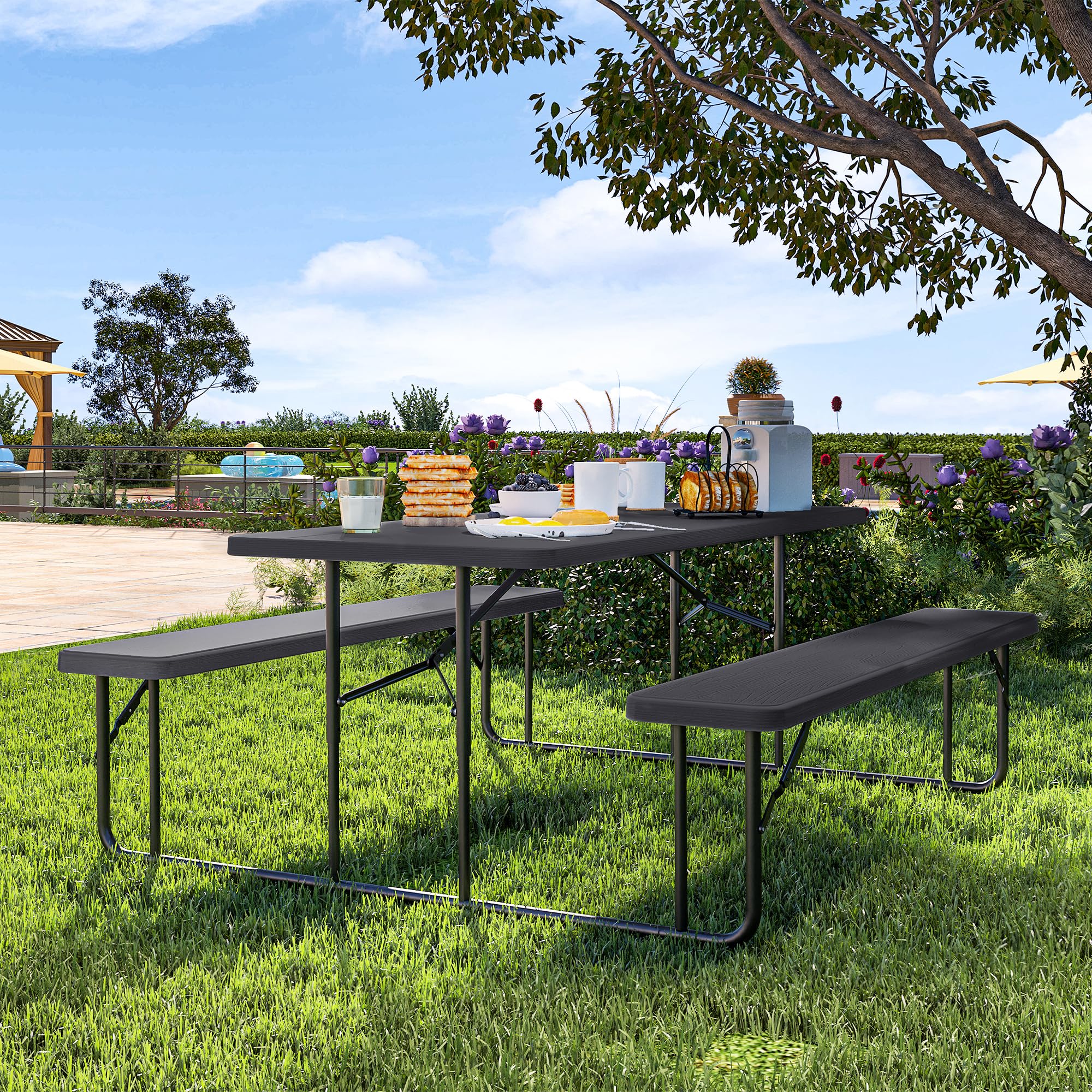 YITAHOME 6FT Large Folding Picnic Table w/Easy Assembly Steel Frame & Wood Like Tabletop, All Weather Folding Picnic Tables with Benches Ideal for Yard Patio Lawn Party, Black