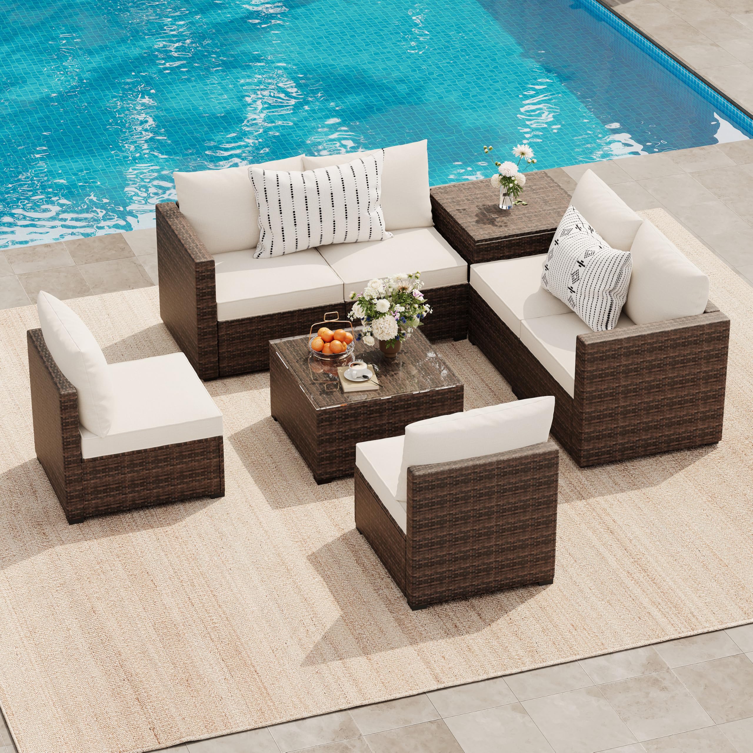 8 Pieces Outdoor Furniture Sets, Patio Conversation Sets with Storage Coffee Table & Water-Resistant Cushions, Outdoor Sectional Furniture for Front Porch, Backyard, Garden