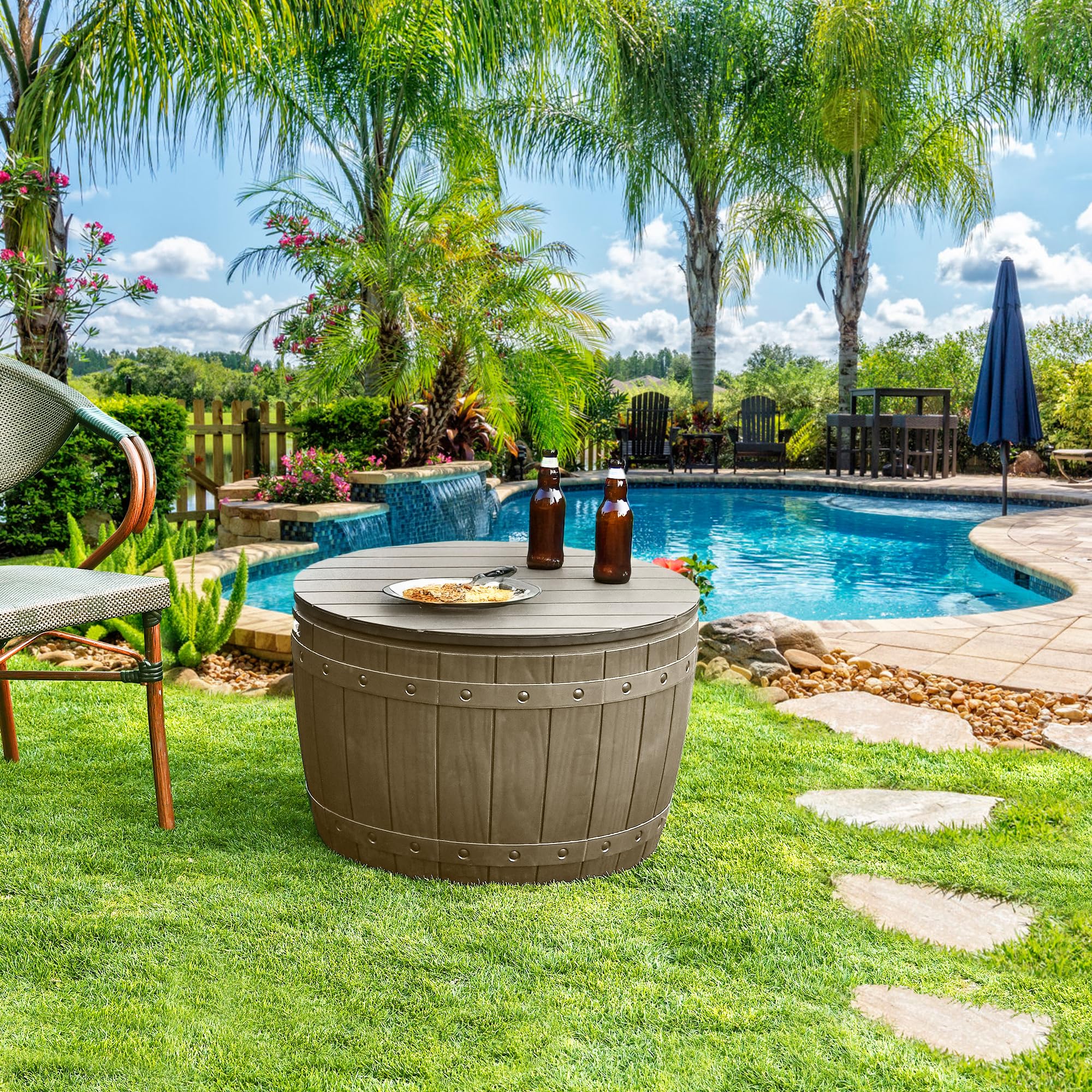 YITAHOME 33 Gallon Round Deck Box, Outdoor Storage Box for Patio Furniture,Patio Table for Cushion, Pool Accessories, Waterproof Resin & Easy Assembly & Lightweight, Light Brown