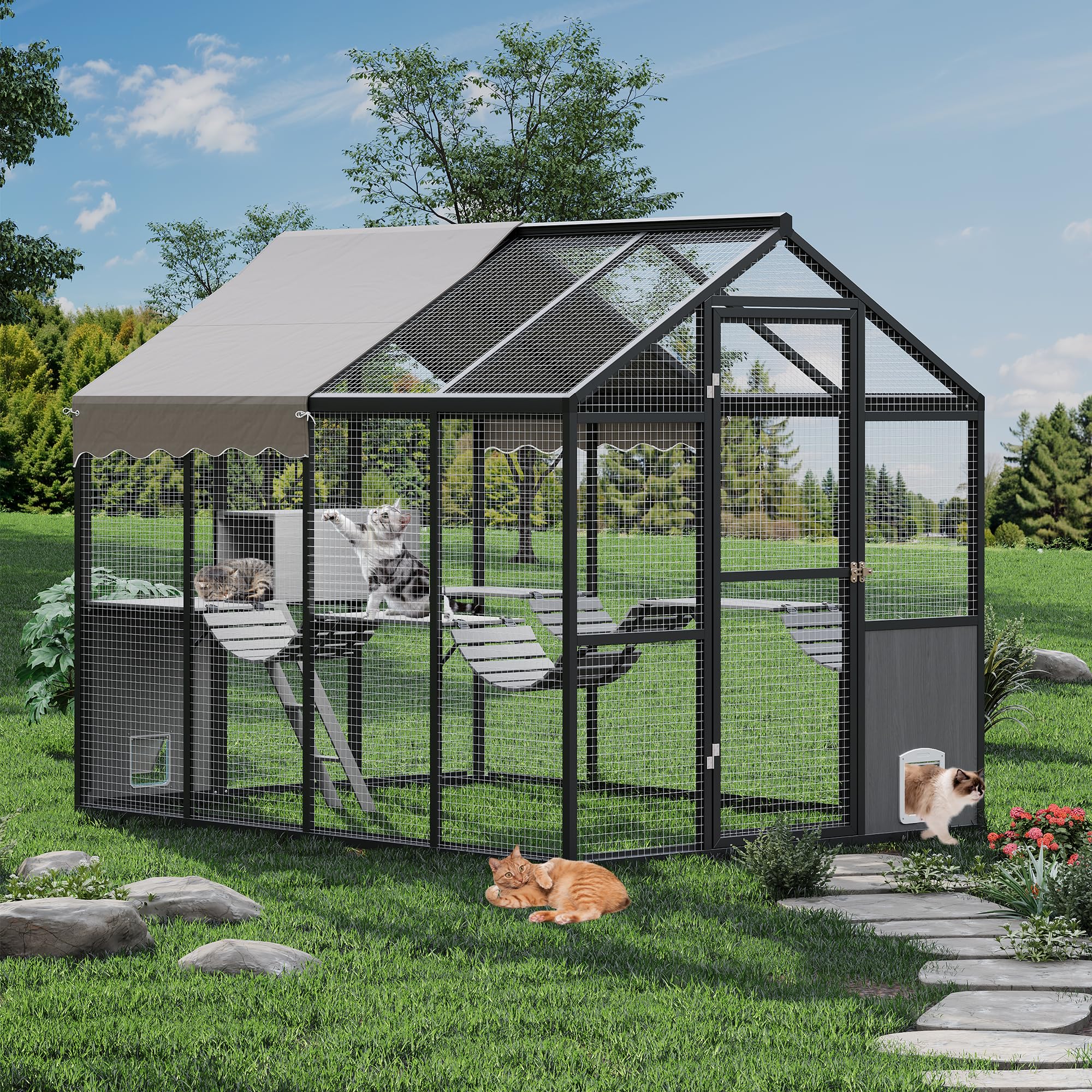 Aluminum Walk-In Large Outdoor Cat Enclosure, Large Outdoor Catio for Multiple Cats, Outside Cattery with Weatherproof Roof with Channels, Side Door, UV Proof Cover, Huge Condo, Platform