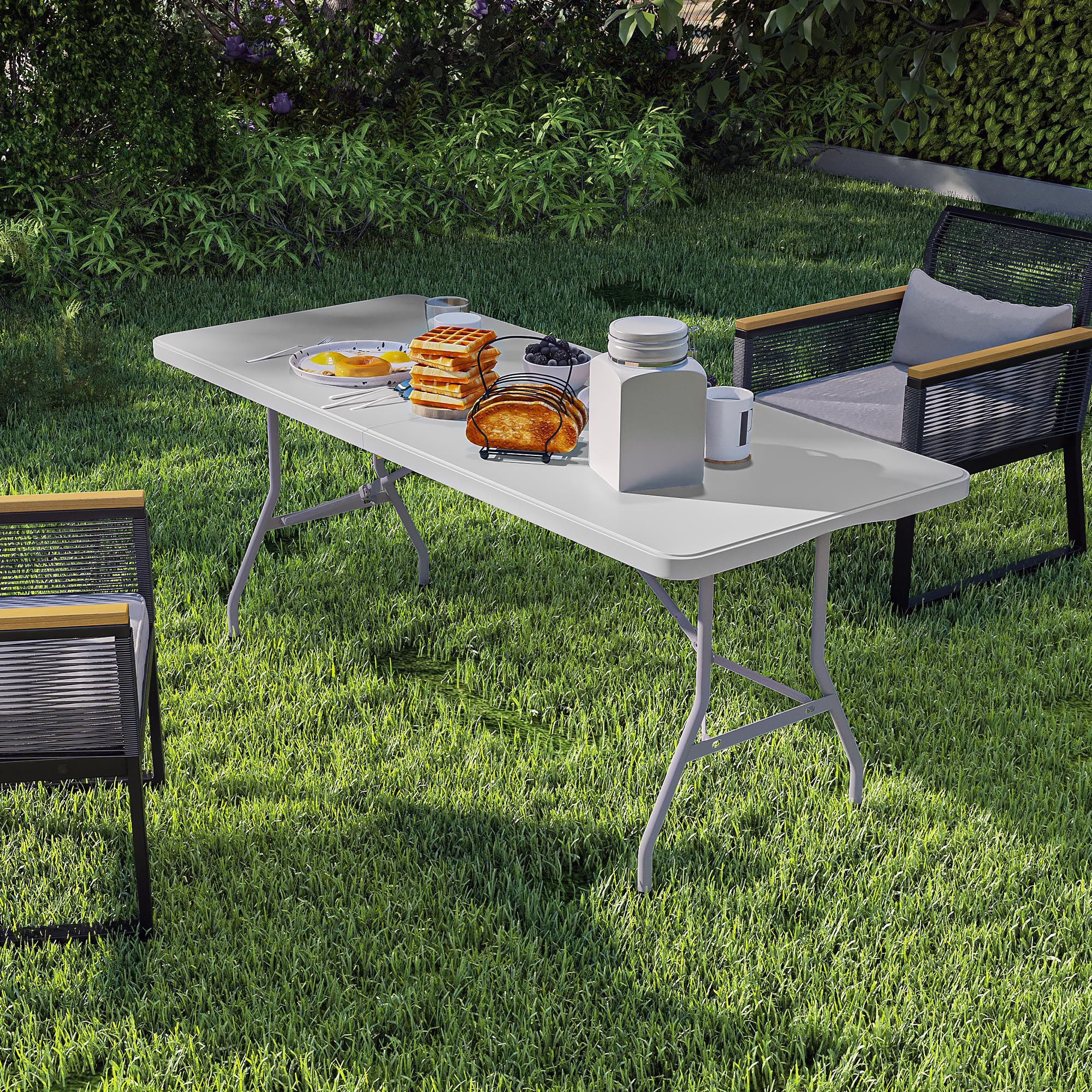 YITAHOME 6ft Folding Table, Heavy Duty Picnic Table w/1.5" Thick Tabletop, Portable Outdoor Folding Table w/Carrying Handle for Camping Picnic Parties/Indoor Events, White